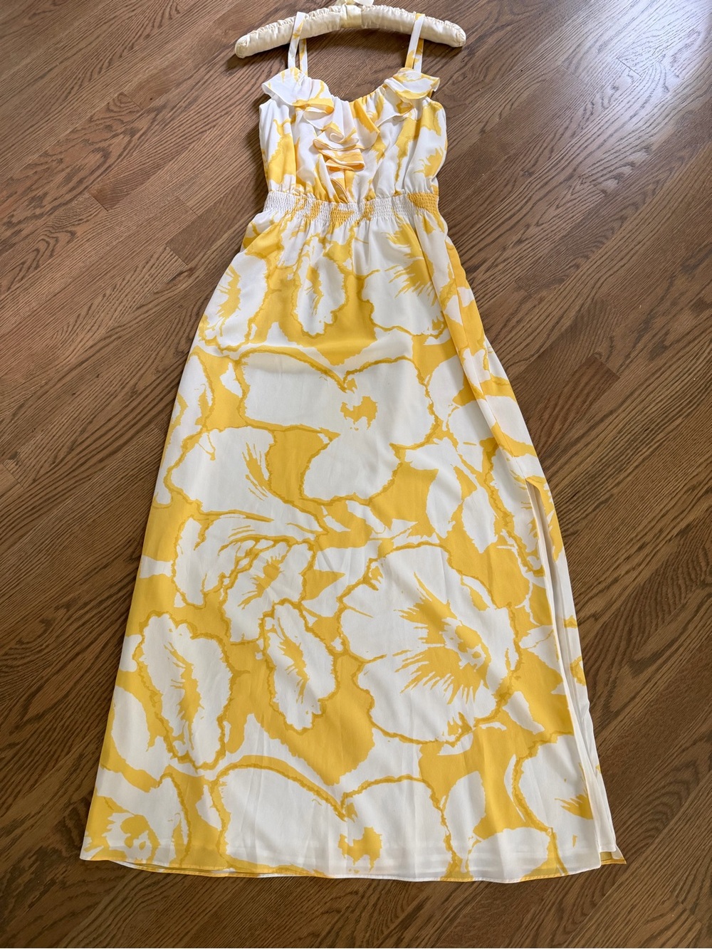 LOFT Yellow and White Floral Ruffle-Trim Maxi Dress